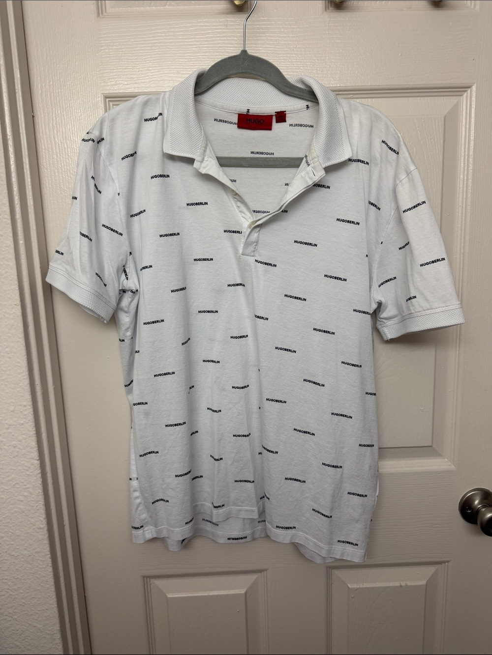 HUGO White Polo with All-Over Black Logo Print